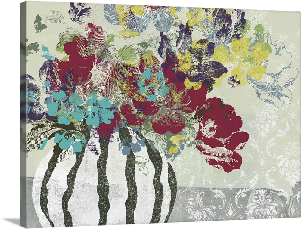Contemporary artwork of a bouquet of flowers in a vase against a floral patterned background.