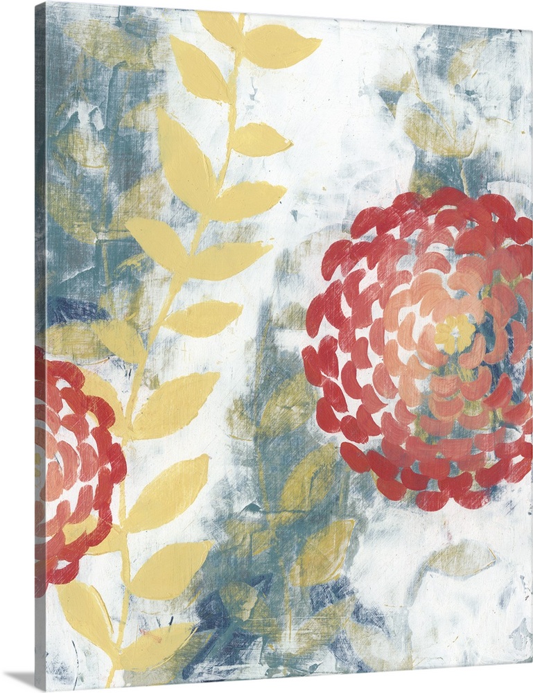 Contemporary abstract artwork using floral elements against a distressed background.