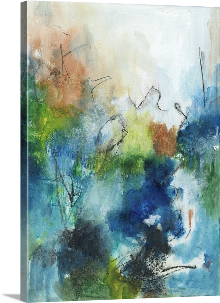 Contemporary abstract art print in cool blue and green tones.