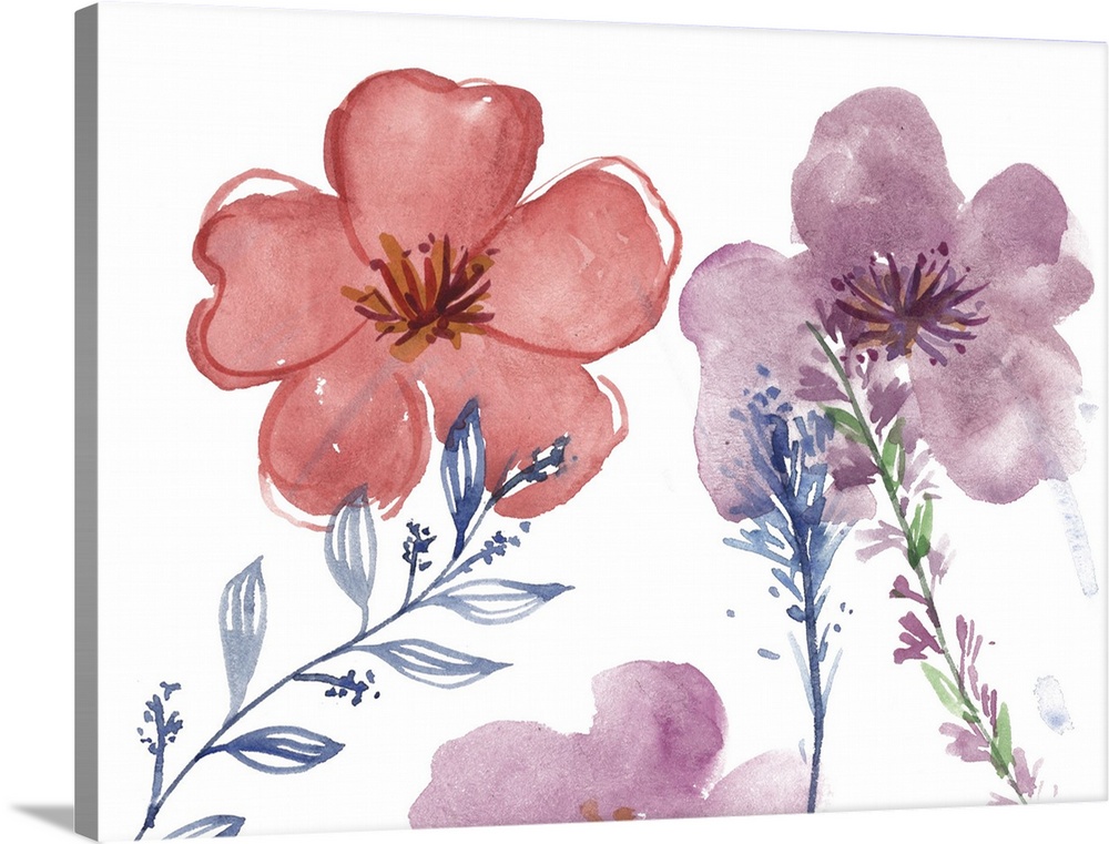 Watercolor floral painting in red and purple.
