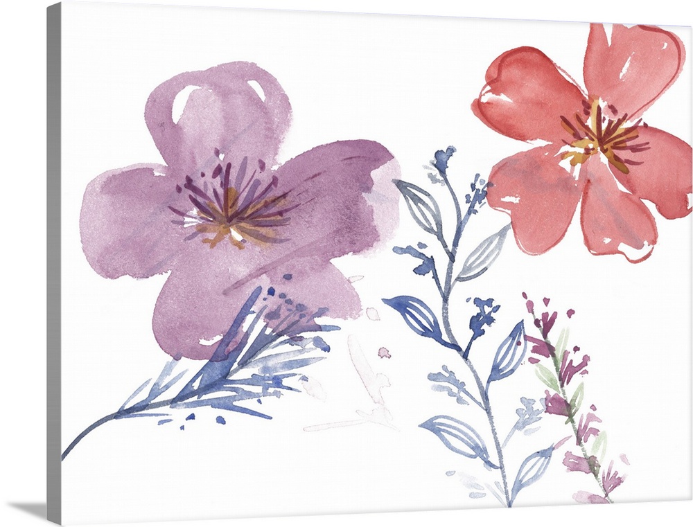 Watercolor floral painting in red and purple.