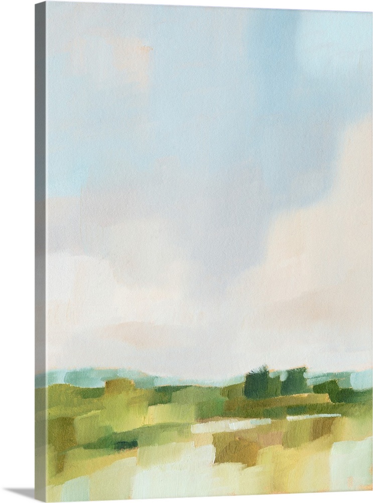 Contemporary abstract painting highlighting a pale blue sky over a green landscape.