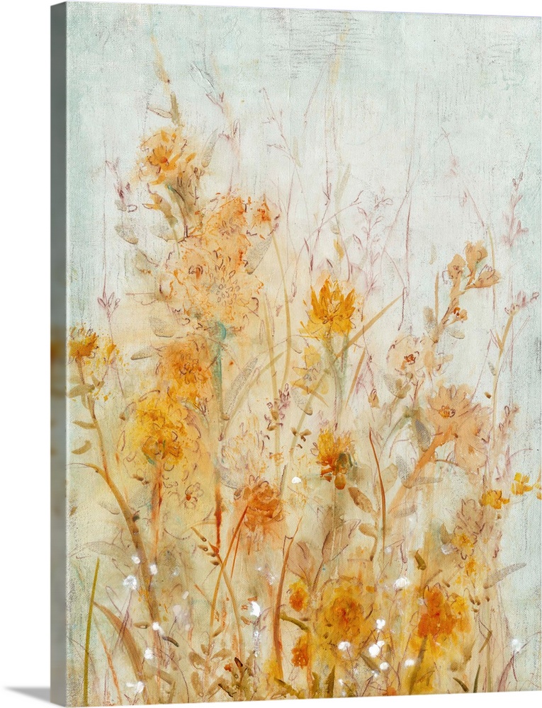 Contemporary painting of pale orange and yellow flowers.