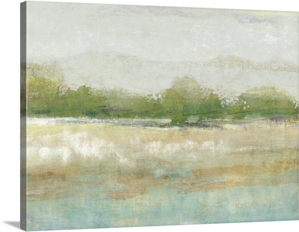 Contemporary landscape painting of a meadow with green trees along the edge.