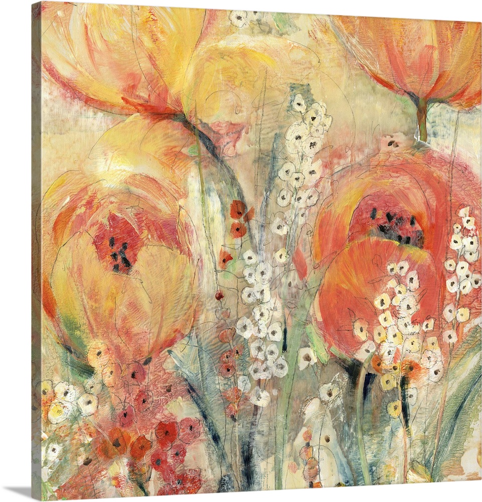 Contemporary abstract painting of orange and yellow tulips blooming in spring.