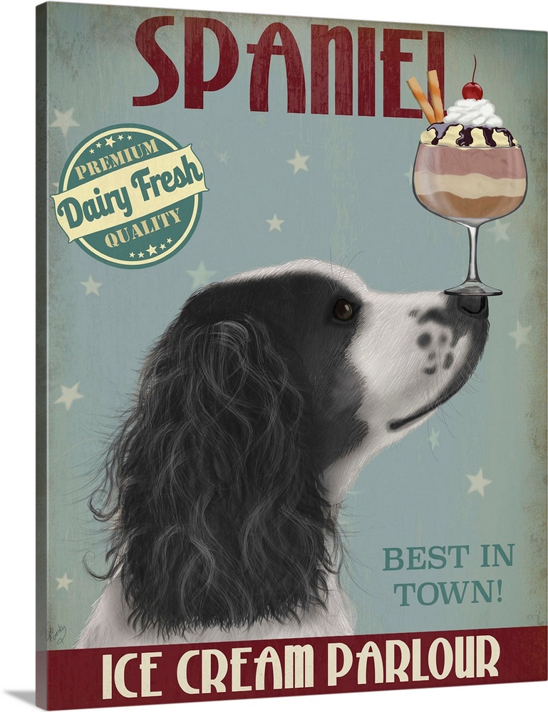 Decorative artwork of a Springer Spaniel balancing an ice cream sundae on its nose in an advertisement for an ice cream pa...