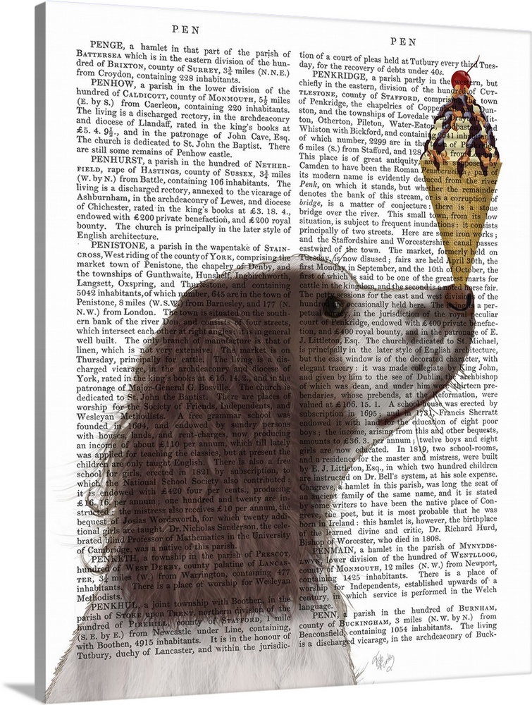 Decorative artwork of a brown and white Springer Spaniel balancing an ice cream cone on its nose, painted on the page of a...
