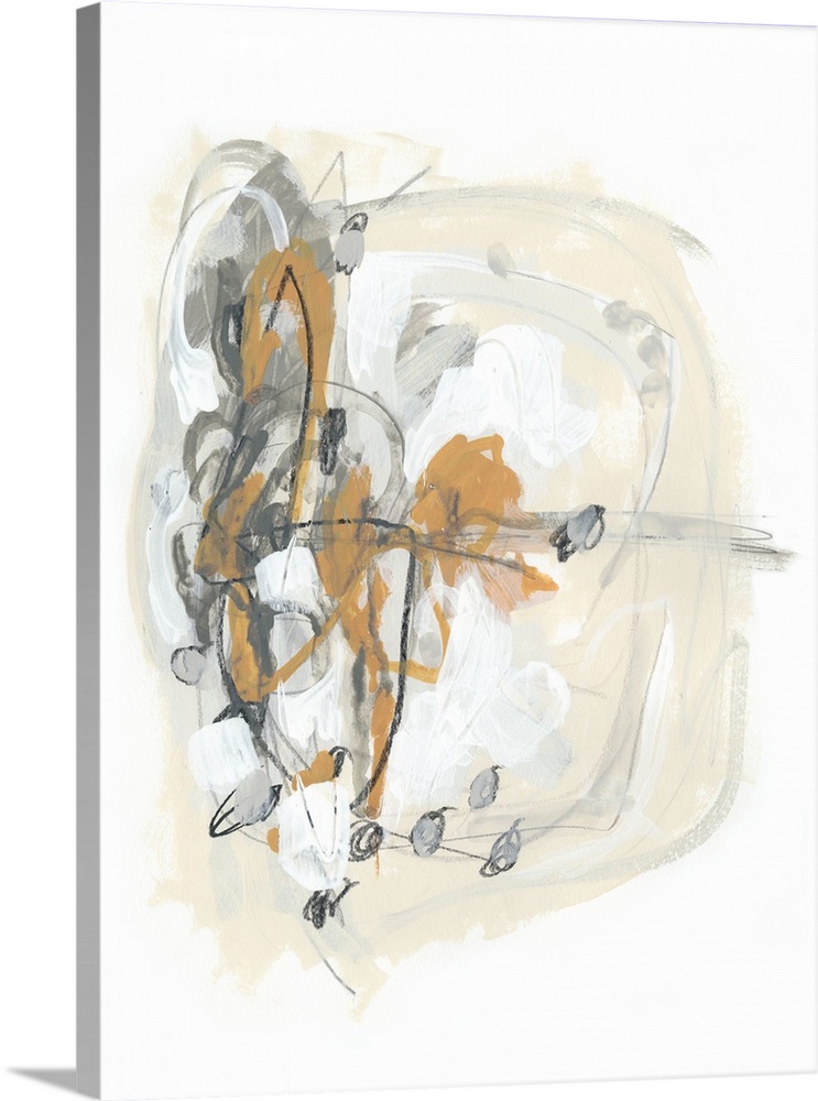 Abstract painting in tones of gray, orange and beige with overlaying fine scribbles of gray and black.