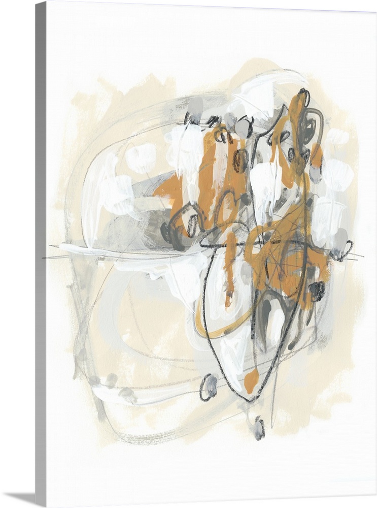 Abstract painting in tones of gray, orange and beige with overlaying fine scribbles of gray and black.
