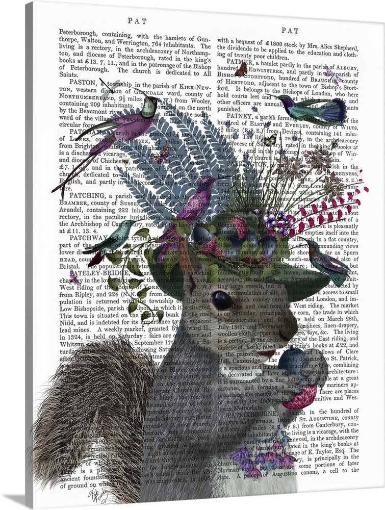 Digital illustration of a squirrel holding a nut, wearing a hat with flowers on it and colorful birds on a book page.