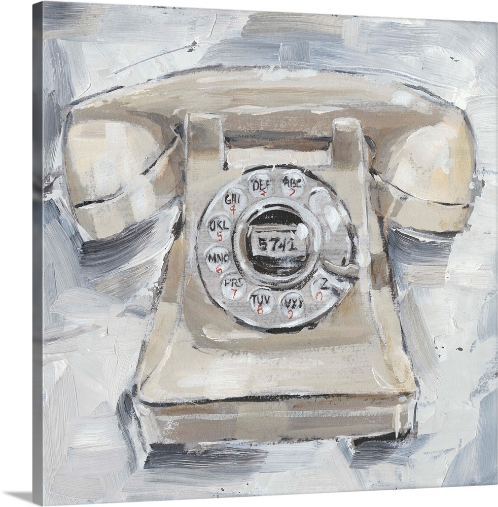 Fun, contemporary painting of a rotary phone in neutral hues.