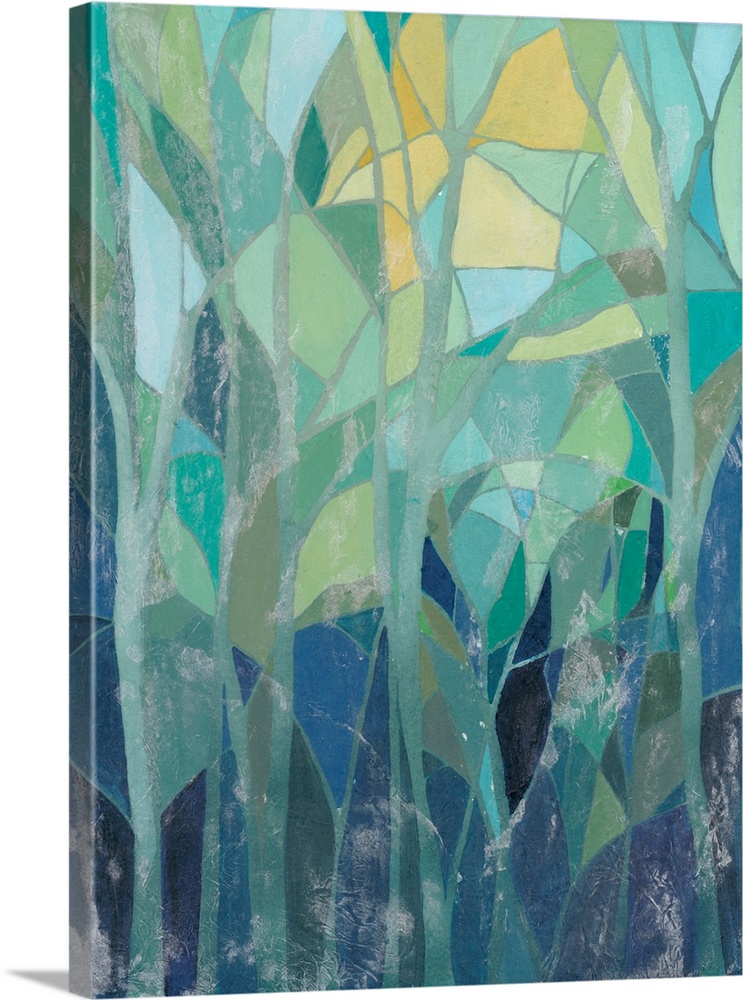 Turquoise and yellow artwork of overlapping leaves, resembling a pane of stained glass.