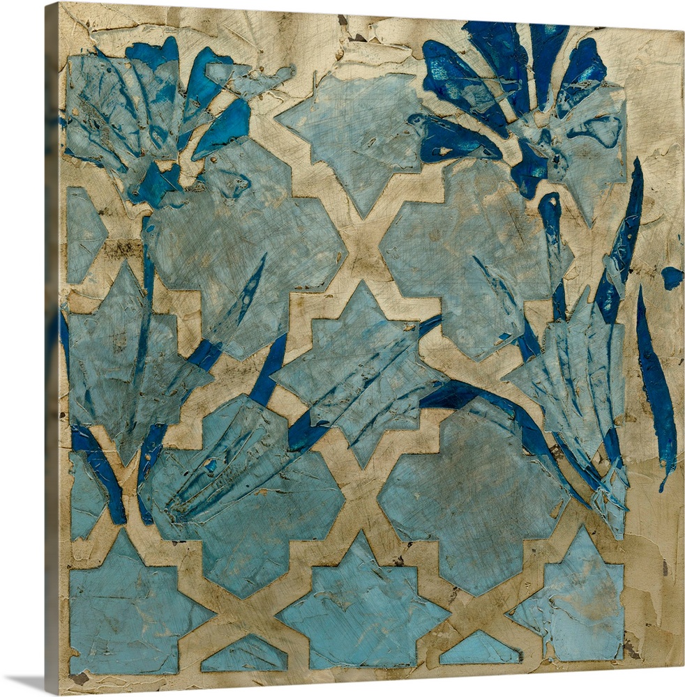 Square home art docor on a large wall hanging of floral shapes that are nearly pieced together, resembling stained glass, ...
