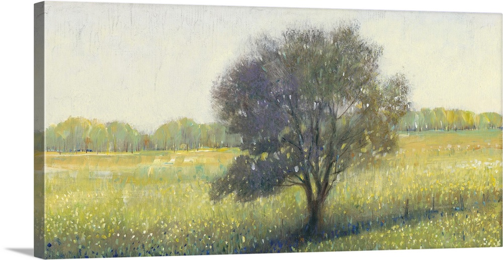 Contemporary landscape painting of a tree in an empty rural field.