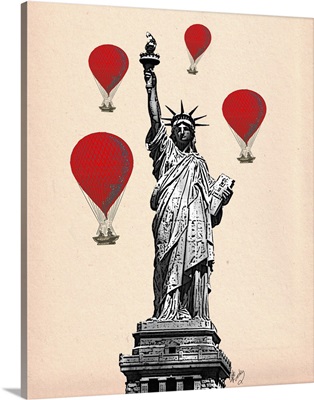 Statue Of Liberty and Red Hot Air Balloons