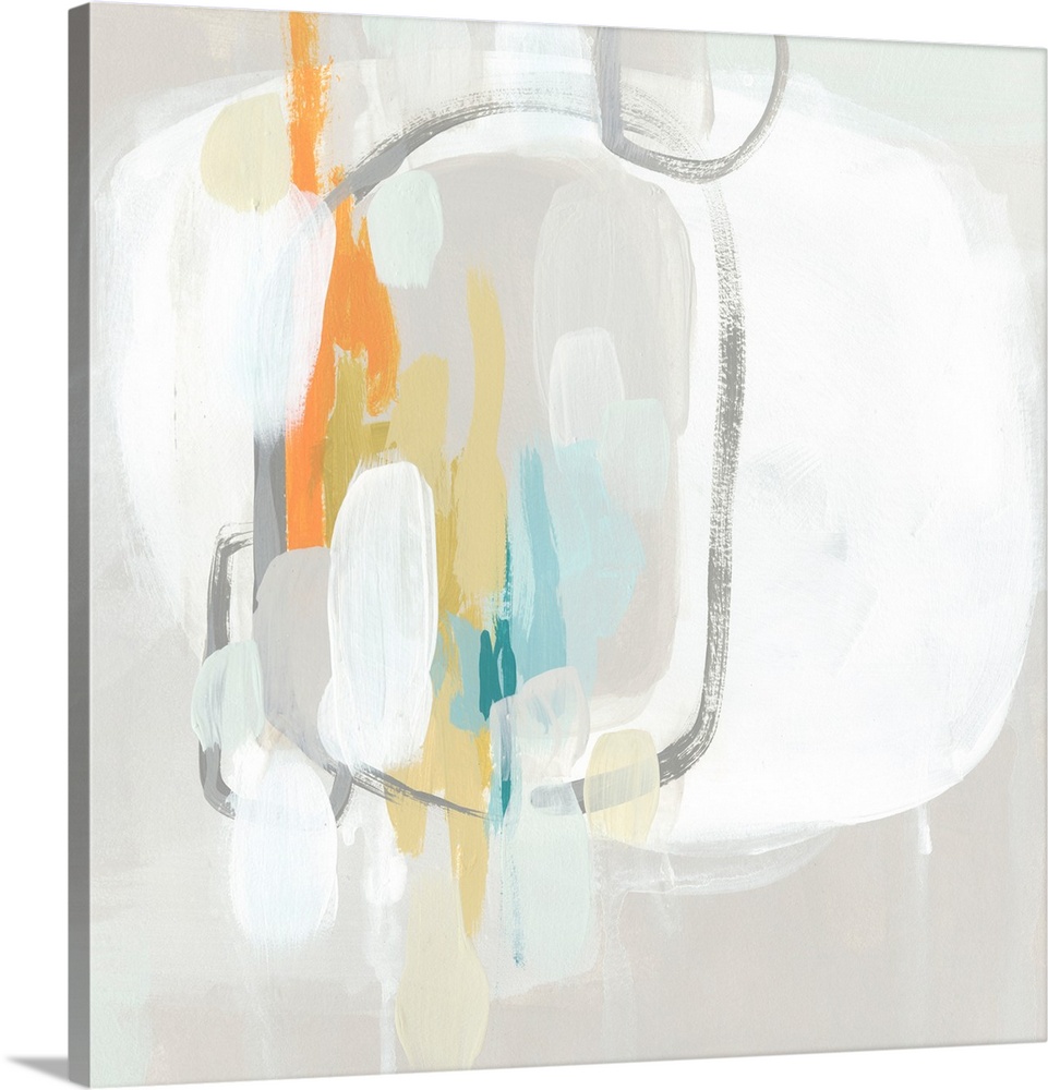 Contemporary abstract artwork in pale beige tones with pops of orange and teal.