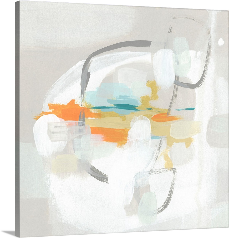 Contemporary abstract artwork in pale beige tones with pops of orange and teal.