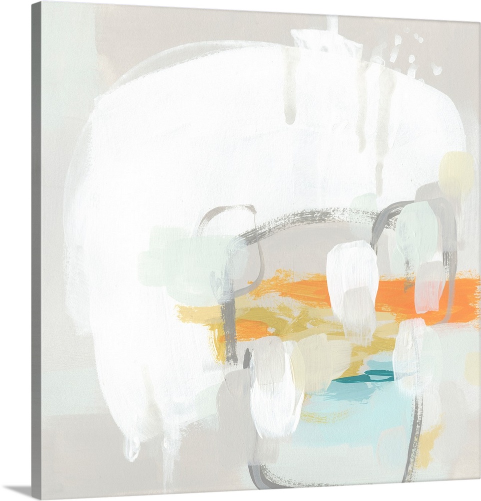 Contemporary abstract artwork in pale beige tones with pops of orange and teal.