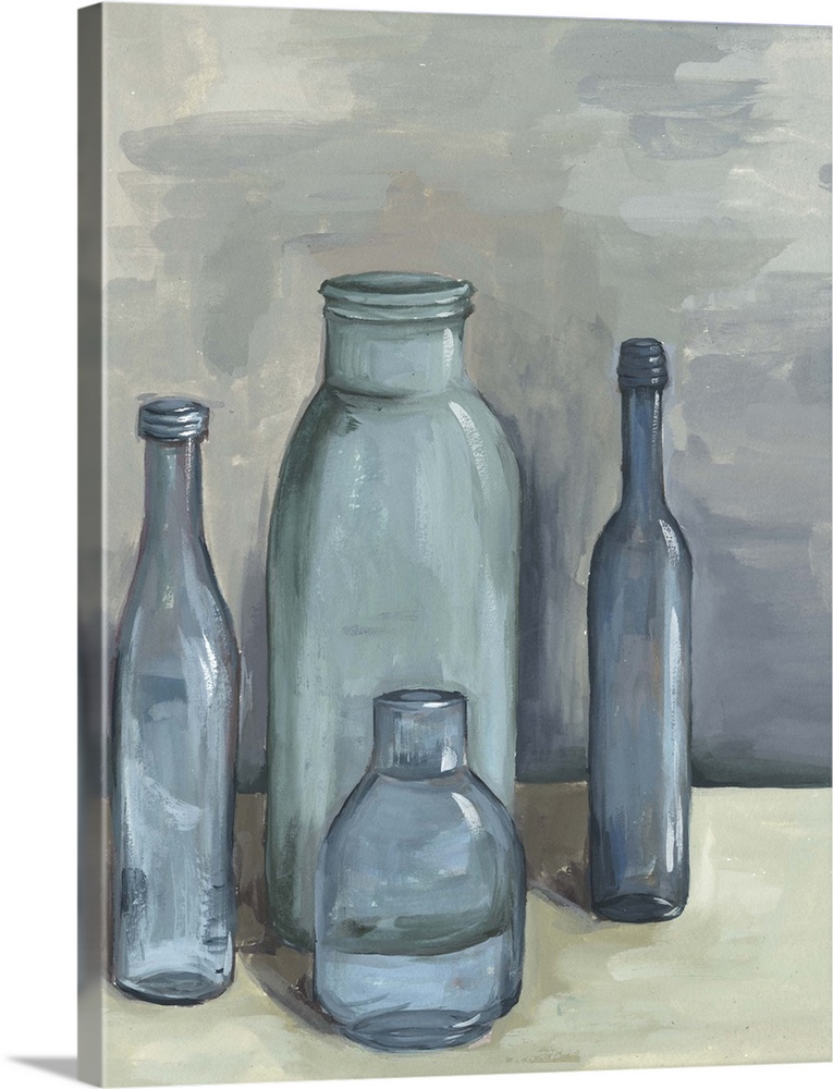 Contemporary still life painting of a group of glass bottles in different sizes against a neutral backdrop.