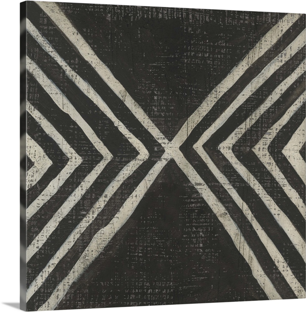 This decorative artwork features a black and white pattern in a hand painted style with a distressing stone texture throug...