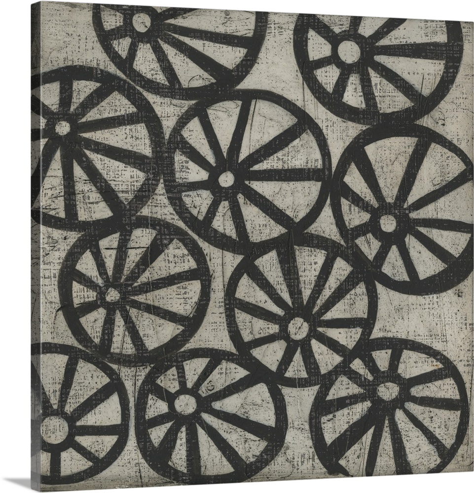 This decorative artwork features a black and white pattern in a hand painted style with a distressing stone texture throug...