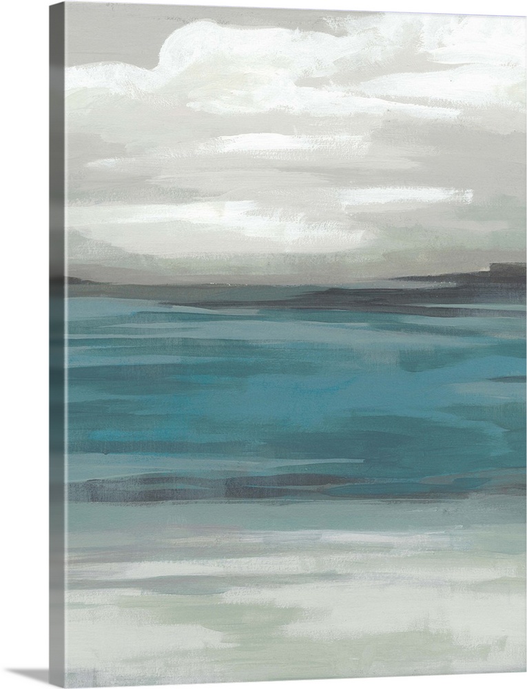 A simple painting of a stormy, overcast sky above a tranquil sea.