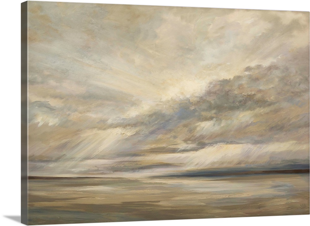 Landscape painting of storm clouds over the ocean, in earthy brown tones.