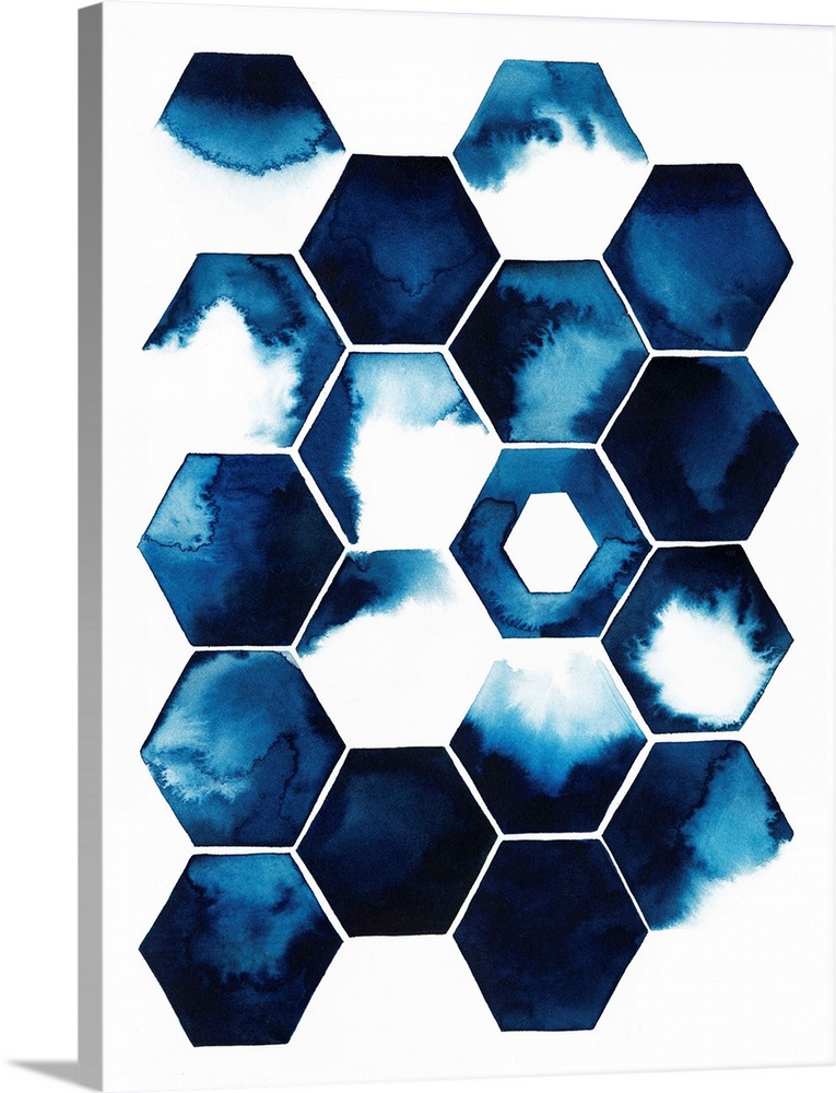 Tiled honeycomb shapes, each with a dark blue watercolor splash inside.