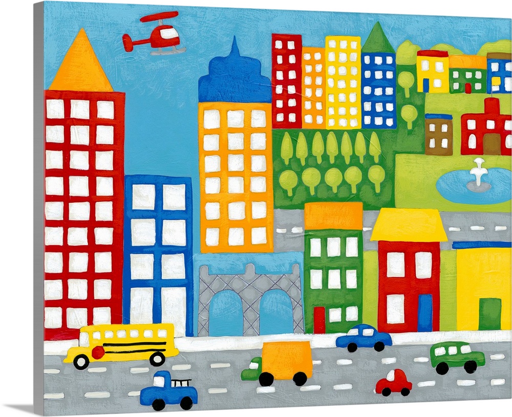 Artwork perfect for a child's room of colorful buildings that has a street in front with cars and trucks.
