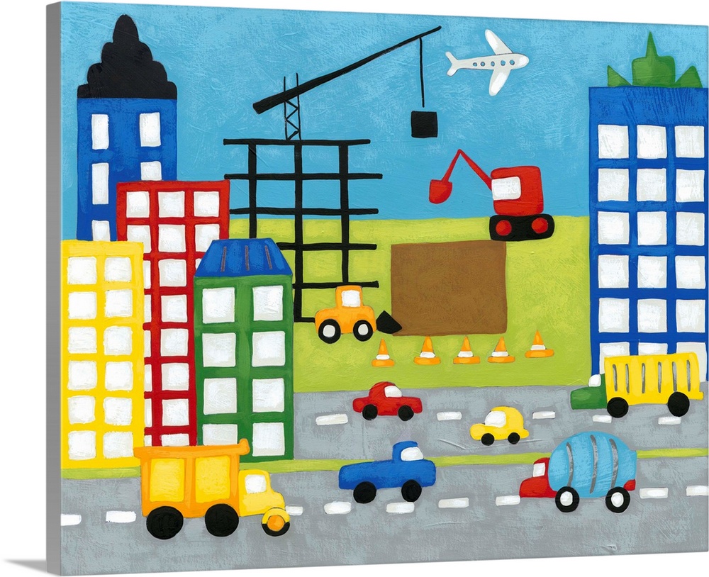 Colorful children's artwork of street with cars lined with tall buildings with crane and construction cones in the distance.