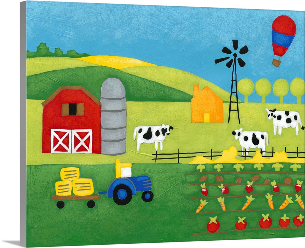 Children's artwork of a ranch scene with a barn, tractor, cows, windmill, and garden with rolling hills in the background ...
