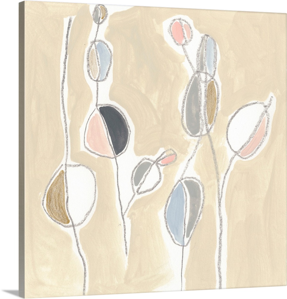 Abstract floral artwork with round flowers on simple stems in pale pink and grey.