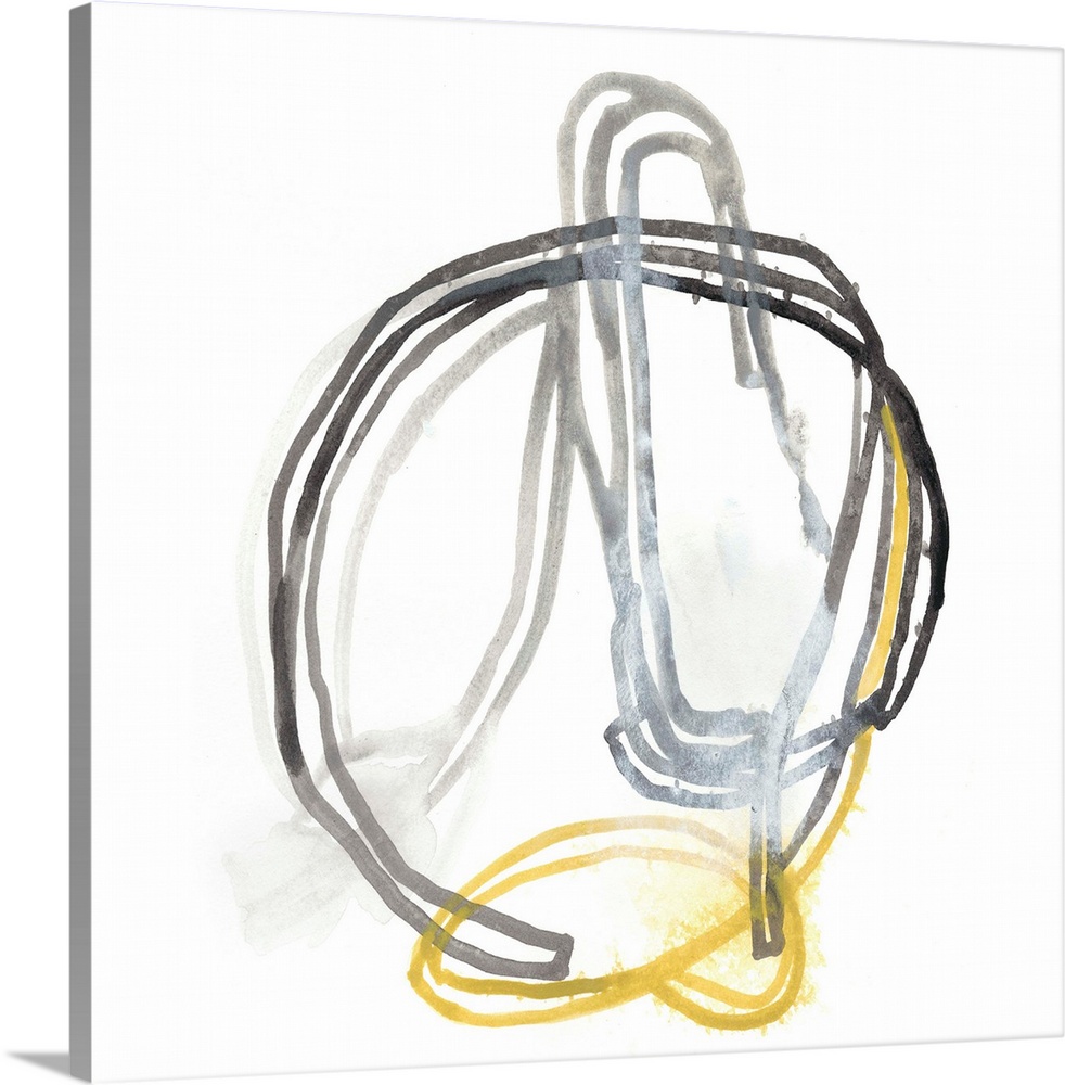 Abstract gestural artwork of yellow and grey lines swirling and intertwining.