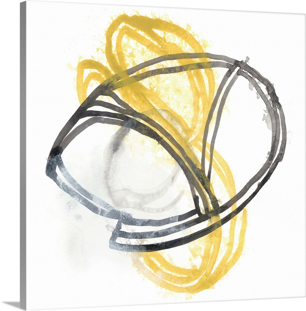 Abstract gestural artwork of yellow and grey lines swirling and intertwining.