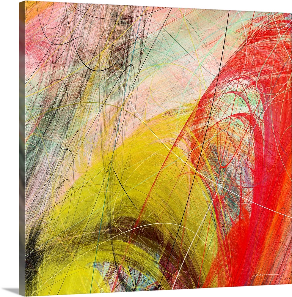 Contemporary abstract artwork made of several thin lines and bright colors.