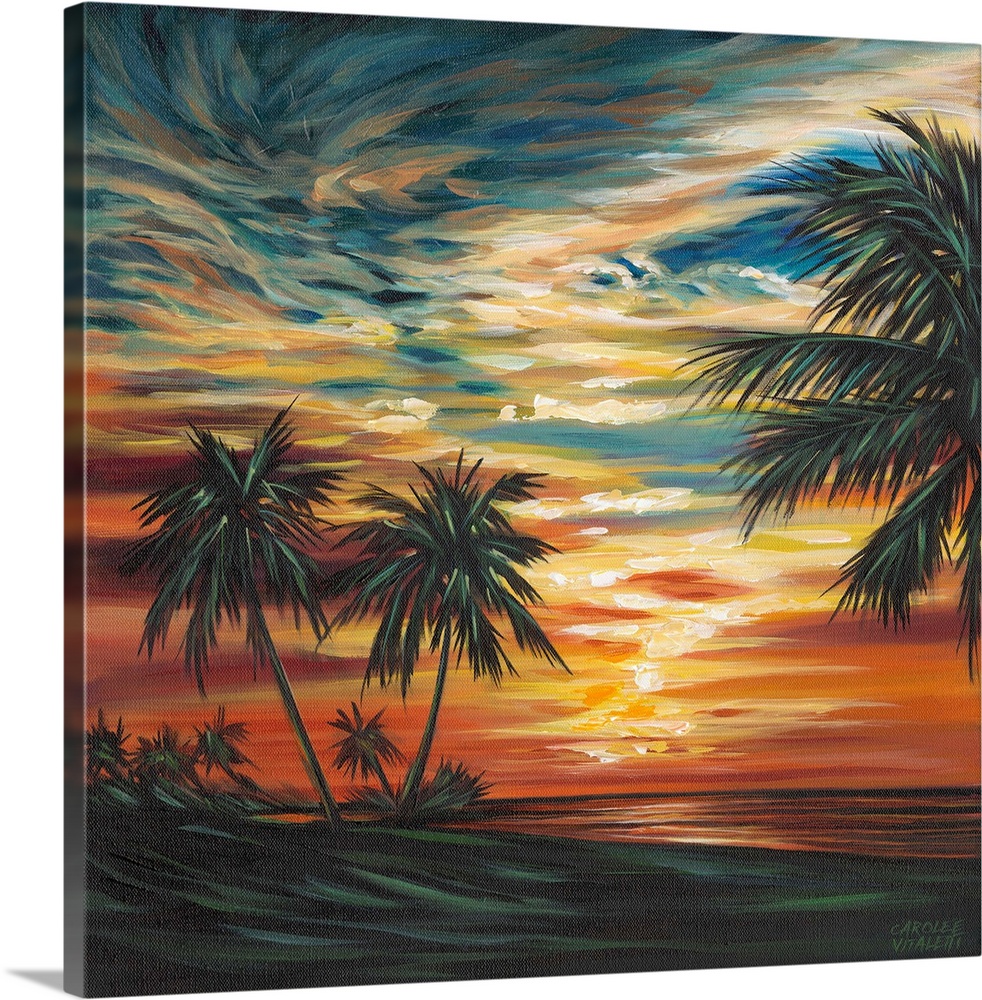 Contemporary painting of a vibrant, colorful sunset over a tropical beach surrounded by palm trees.