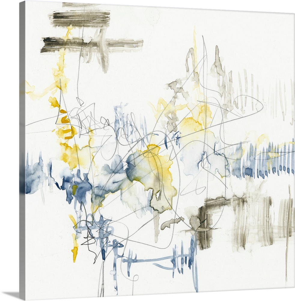 Sketchy abstract artwork in blue and yellow on white.