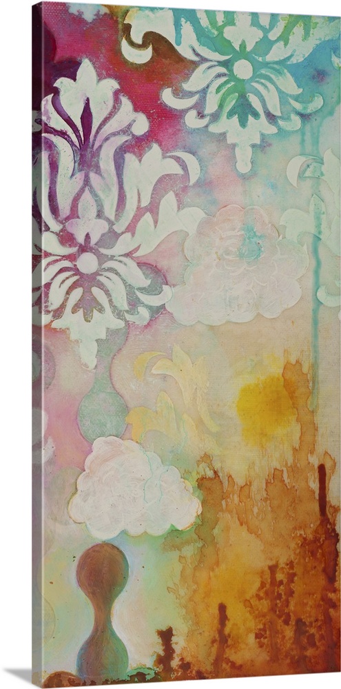 Abstract artwork in shades of turquoise and magenta with floral shapes and damask elements.