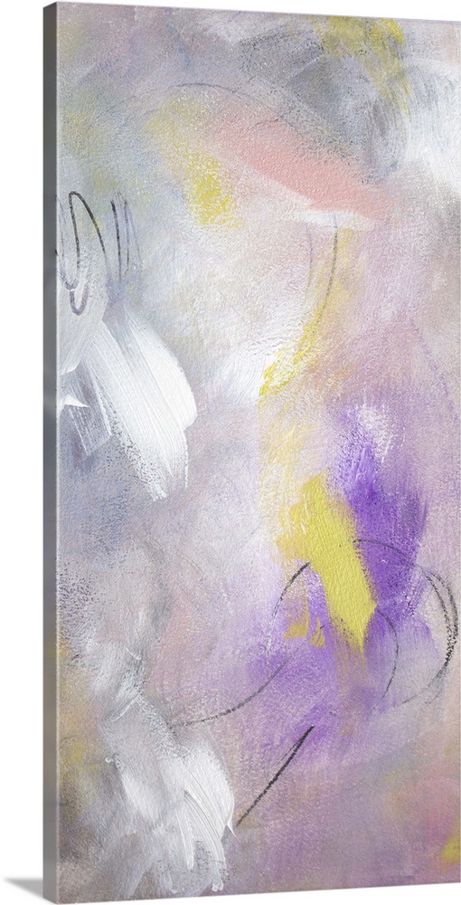 Contemporary abstract painting in white and yellow with bright purple.
