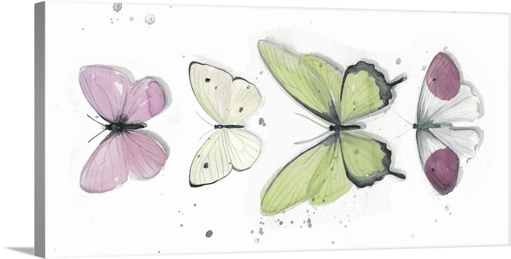 Watercolor painting of a row of colorful butterflies with overlaying light gray splatters.