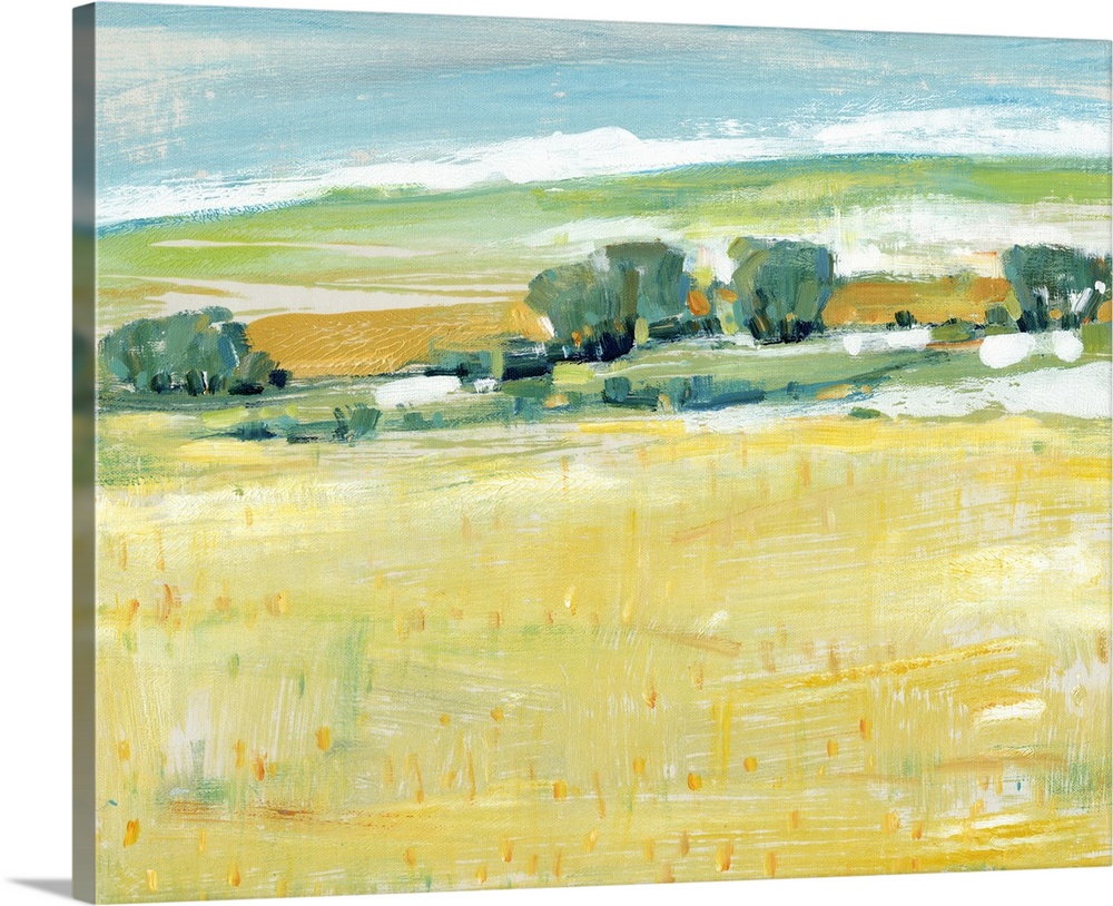 This contemporary artwork features long horizontal and short vertical brush strokes to create rolling yellow grasses again...