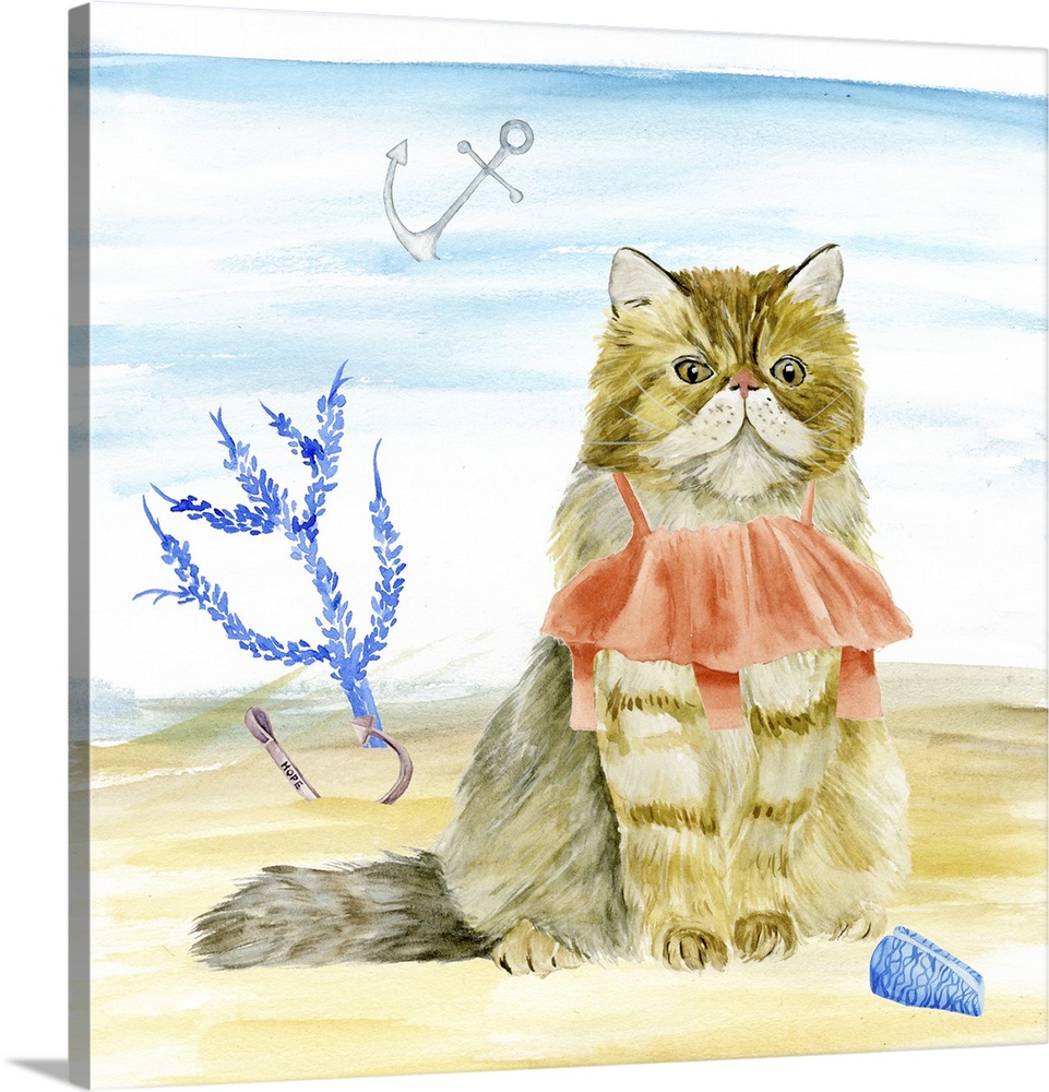 Decorative square painting of a cat wearing a bathing suit on beach.