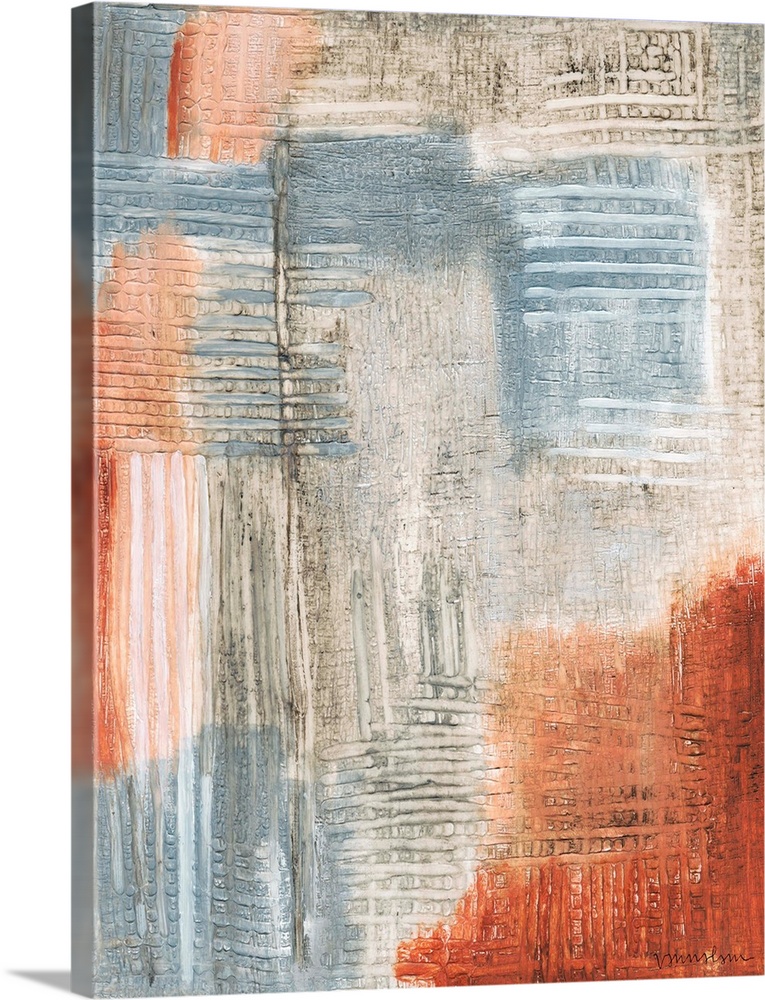 Contemporary abstract artwork with streaks and texture, resembling rust.