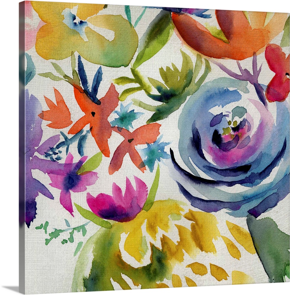 Vibrant Summer flowers painted on a white square background.