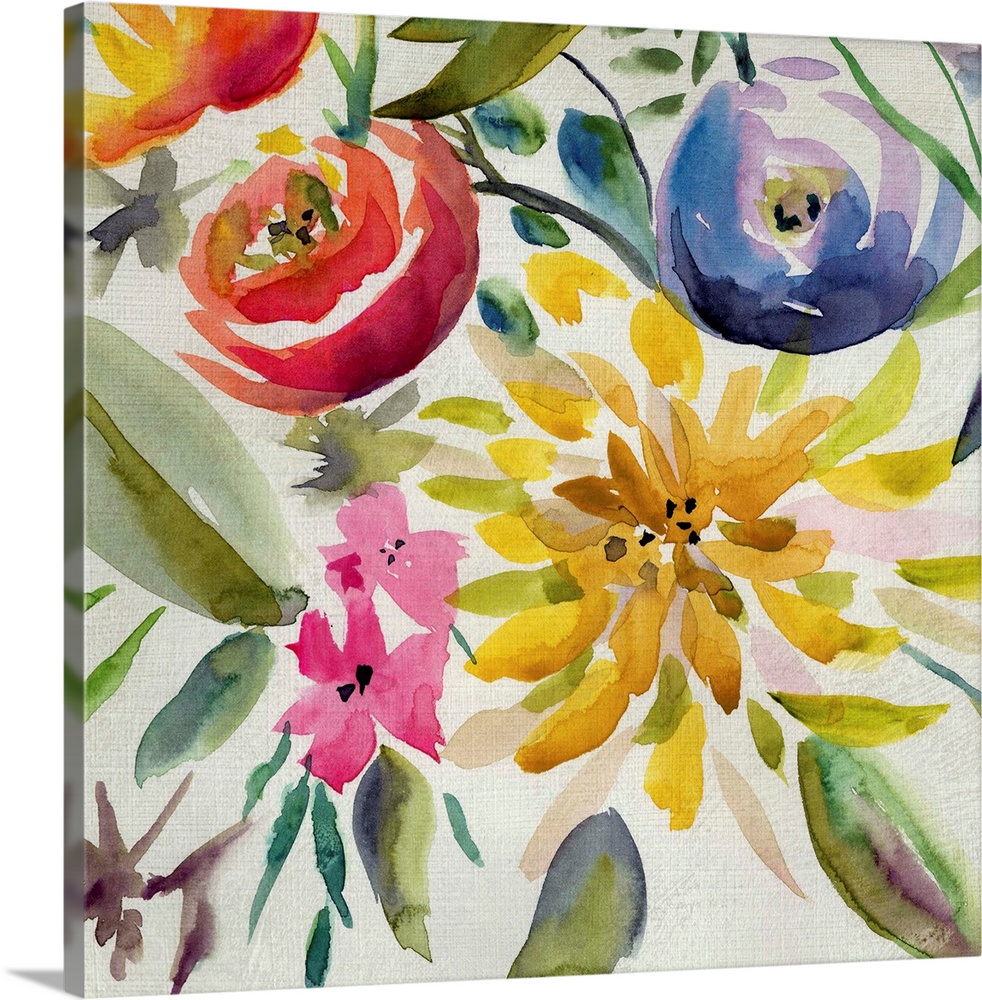 Vibrant Summer flowers painted on a white square background.