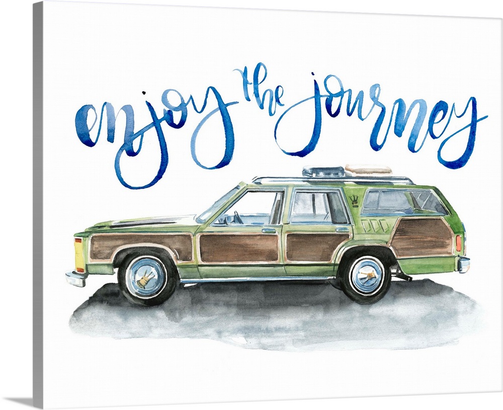 Fun watercolor painting of an old car with text "Enjoy the journey."