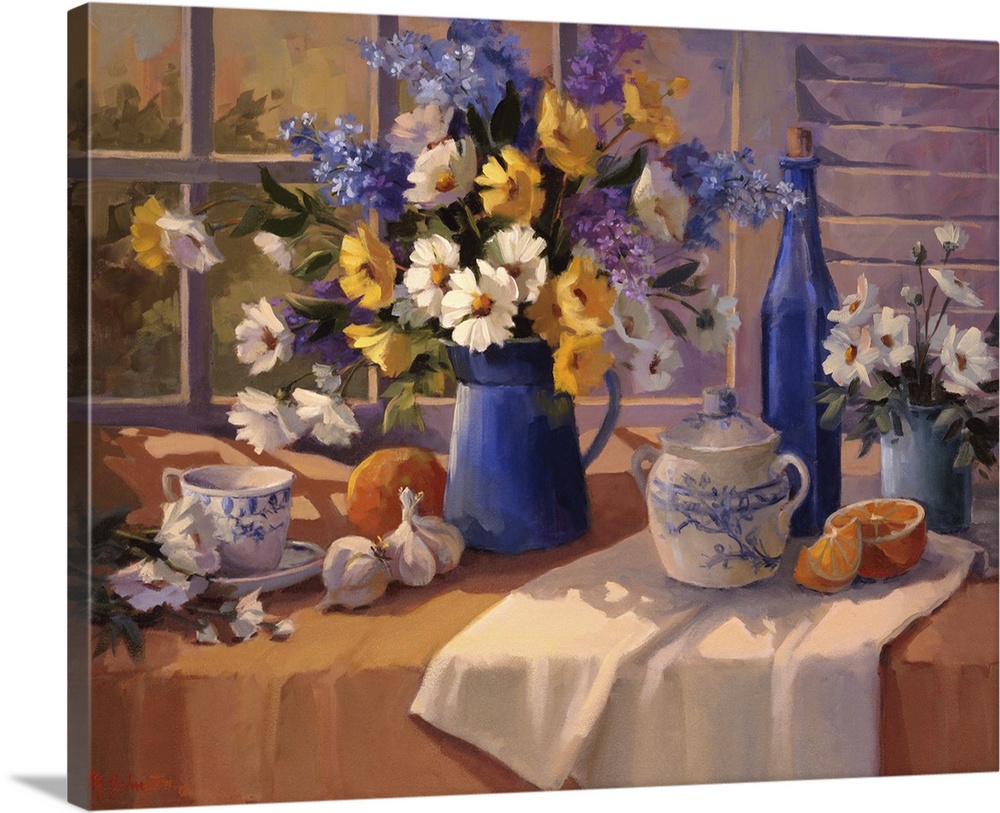 Contemporary still-life painting of a decorative vase holding colorful flowers.