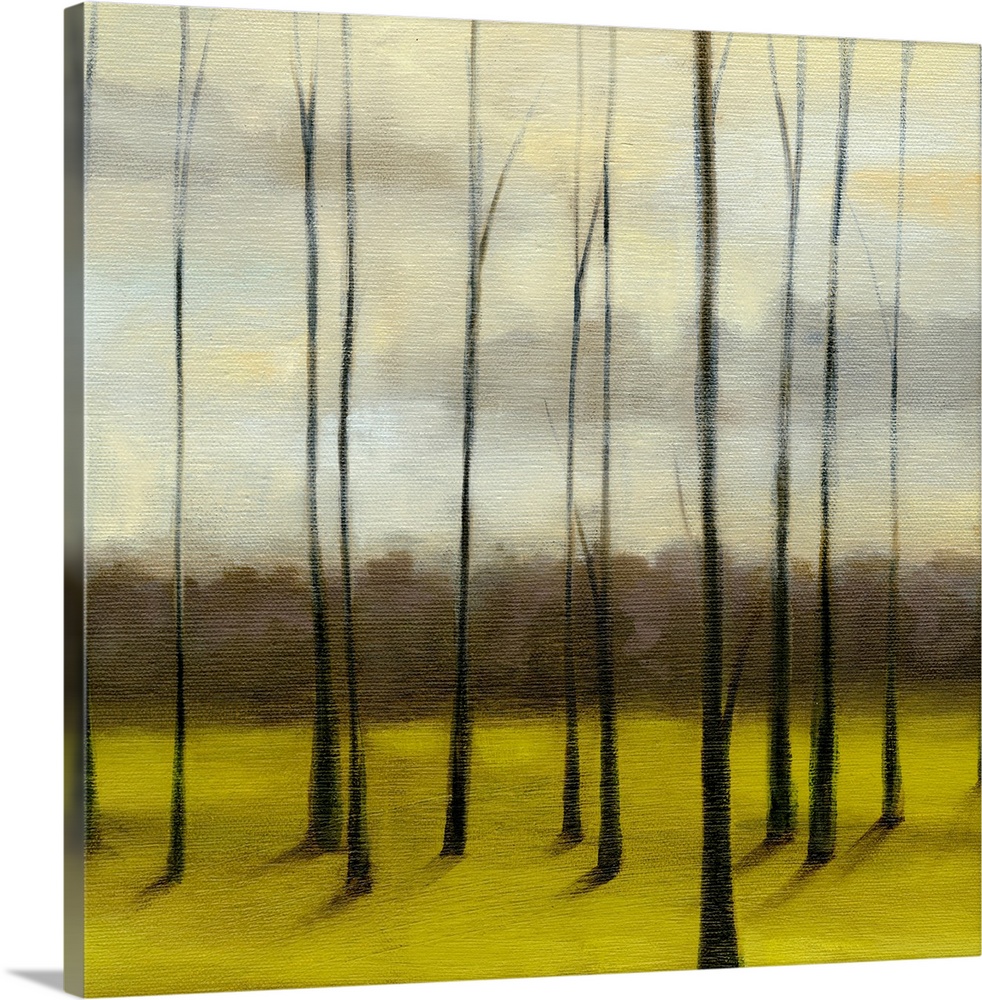 Contemporary painting of meadow filled with bare trees under a dark cloudy sky.