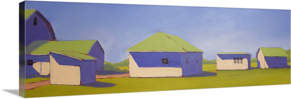 Painting of several farm buildings with harsh sunlight shining down.