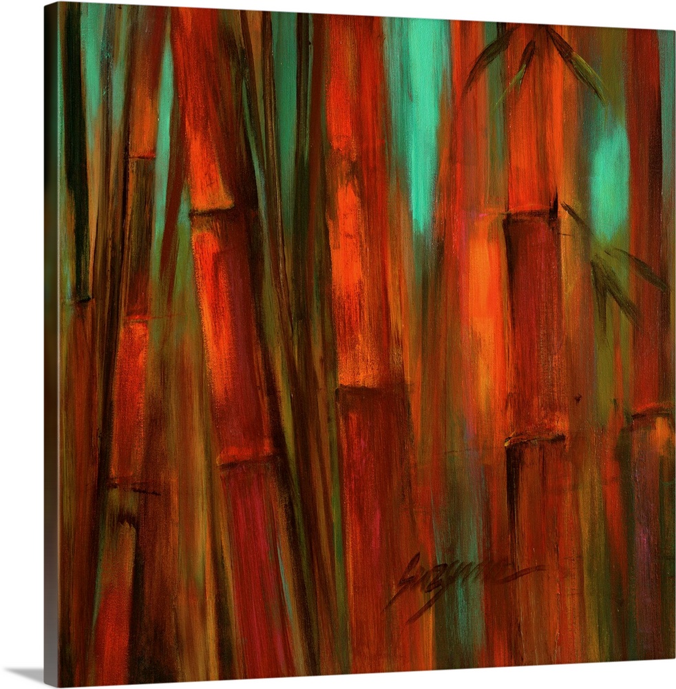 Contemporary painting of a brilliant red bamboo stalks with hints of jade green peering out through the stalks.